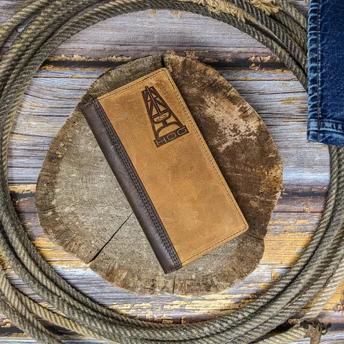 Vista 3 de HOOEY Cartera Western Rodeo de cuero para hombre, Logotipo de cerdo en relieve- Marrón