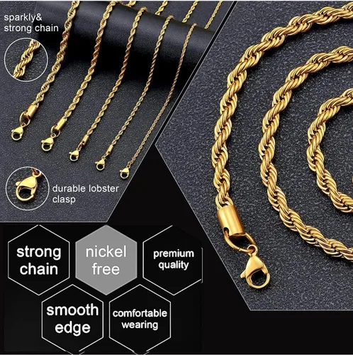 Vista 4 de Juego de 4 cadenas de cuerda chapada en oro, 0.079 in, 0.118 in, 0.157 in, 0.197 in, acero inoxidable chapado en oro para hombres y mujeres