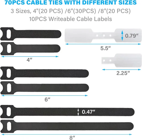 Vista 2 de 70 bridas reutilizables con gancho y bucle, bridas de alambre ajustables multiusos para organización de cables y 10 etiquetas para cables