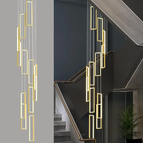 Vista 25 de Accesorio de Lámpara Colgante Moderna para Cocina Dorada 18W LED Lámpara Colgante 2 Anillos Candelabro Rectangular Iluminación Colgante para Isla