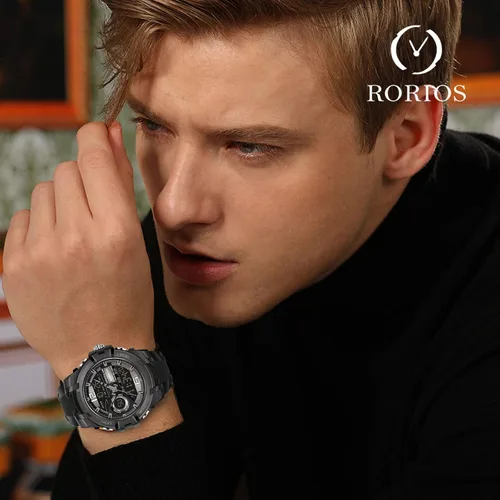 Vista 2 de RORIOS Reloj de cuarzo digital para hombre, reloj de pulsera con temporizador de alarma