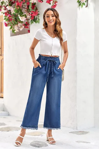 Vista 4 de Valphsio Pantalones de mezclilla holgados de pierna ancha para mujer, cintura con lazo en la cintura, culottes de cambray, pantalones con borlas