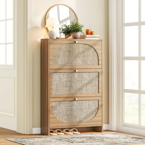 Vista 17 de Nicetree Arch-Chic - Armario de zapatos para entrada, moderno gabinete de almacenamiento de zapatos de mediados de siglo con estriado y estrecho