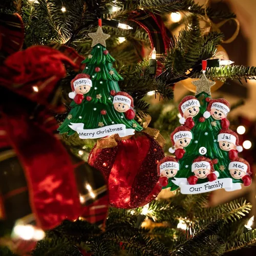 Vista 4 de Adornos de Navidad personalizados, adornos para árbol de Navidad, familia de 2 a 7 nombres, muñeco de nieve, ciervo, decoración de Navidad