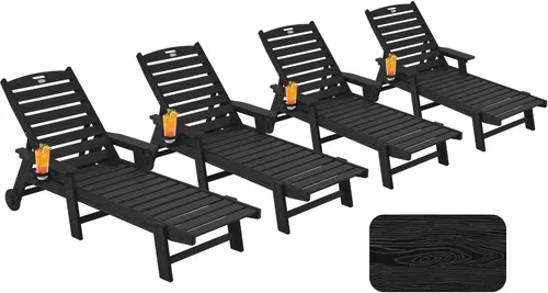 Vista 8 de Chaise Lounge Chair al aire libre con ruedas, silla de patio de gran tamaño con textura de madera, silla de plástico de 5 posiciones para piscina