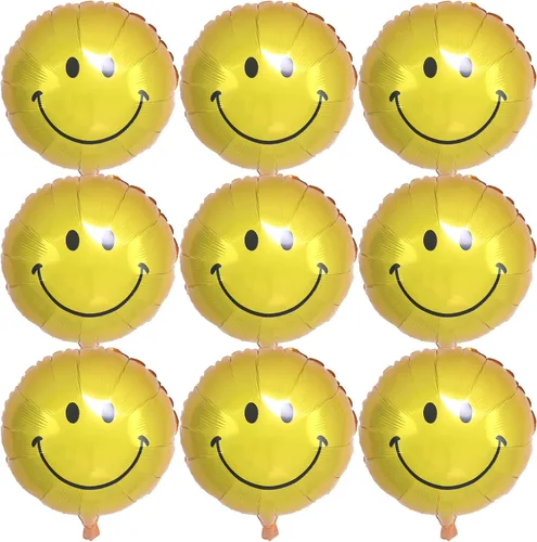Vista 3 de Paquete de 10 globos de papel de aluminio Mylar de cara sonriente de 18 pulgadas para decoraciones de feliz cumpleaños (azul)