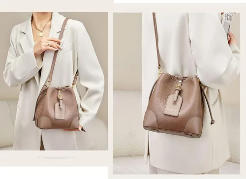 Vista 2 de Bolso de hombro pequeño de cuero con cordón para mujer de 2 vías