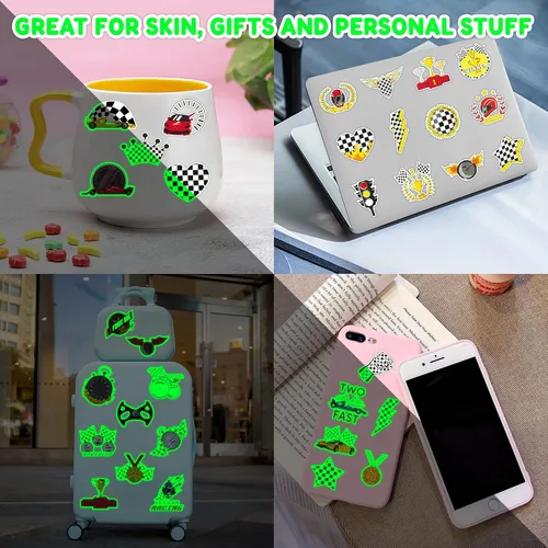 Vista 5 de 96 piezas de tatuajes temporales luminosos precortados con bandera a cuadros que brillan en la oscuridad para niños Recuerdos de fiesta
