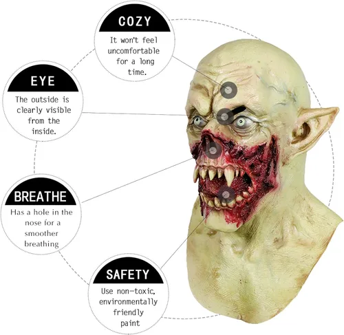 Vista 9 de Máscara de vampiro aterradora de Halloween, disfraz espeluznante de monstruo que camina muerto para fiesta, látex de cabeza completa para adultos
