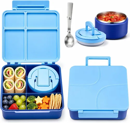 Vista 10 de Lonchera Bento para Niños con Termo para Sopa de 8oz, Contenedores de Comida para Almuerzo Impermeables para Niños con 4 Compartimentos, Tarro