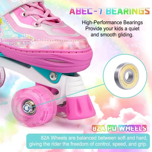 Vista 7 de Patines para niños y niñas, 4 tamaños, ajustables, con ruedas iluminadas para niños, adolescentes, principiantes y avanzados, interiores y exteriores