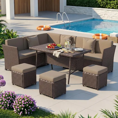 Vista 11 de Juego de muebles de patio, 7 piezas, juego de comedor al aire libre, juego de conversación de ratán para todo tipo de clima, sofá modular de comedor