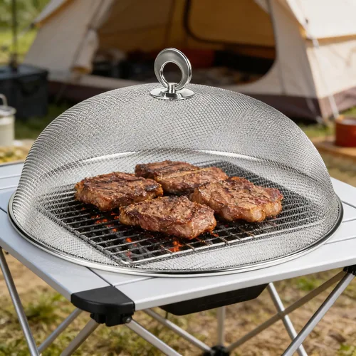 Vista 5 de Cubierta de malla metálica para alimentos, sombrilla de acero inoxidable, cubierta de comida de picnic al aire libre, red para mantener fuera