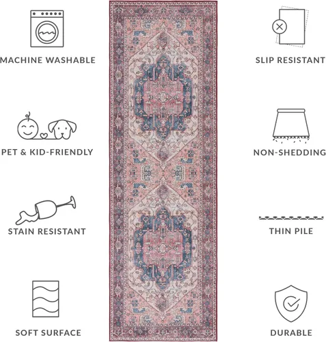 Vista 7 de SAFAVIEH Tucson Collection - Alfombra lavable de 2 pies 6 x 8 pies, color beige y rosa, antideslizante, ideal para zonas de alto tráfico en sala