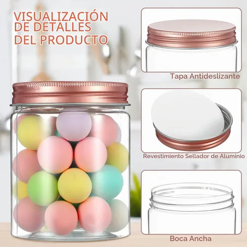 Vista 3 de Hushee 24 tarros de plástico de 8 onzas con tapas, tarros redondos transparentes para alimentos con tapas de oro rosa, tarros de plástico apilables