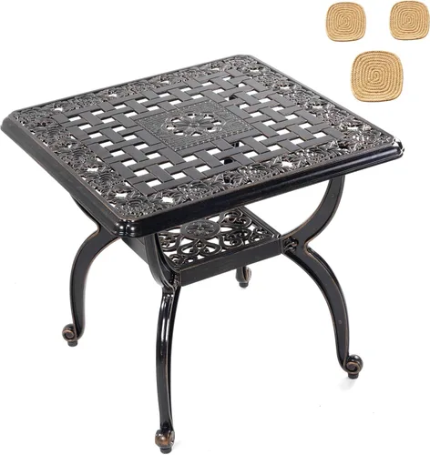 Vista 10 de Mandolin Mesa auxiliar de patio al aire libre, resistente al óxido, de aluminio fundido, mesa auxiliar resistente a la intemperie, mesa de café