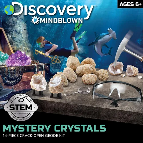 Vista 2 de Discovery Kit de geoda de cristal misterioso, 10 geodas de cuarzo real, incluye gafas, lupa y soportes de exhibición, juguete educativo de geología