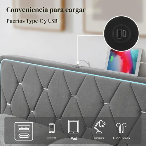 Vista 4 de VECELO Base de cama tamaño Queen tapizada con cabecera ajustable, plataforma de terciopelo con luces LED, estación de carga, base de colchón
