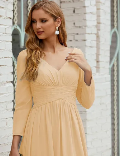 Vista 3 de nightbubo Vestido de dama de honor para mujer, manga larga, cuello en V, vestido formal de gasa para boda