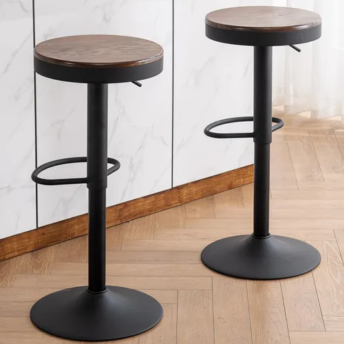 Vista 17 de Kidol & Shellder Juego de 2 taburetes de bar negros ajustables giratorios sin espalda, modernos y redondos de madera, sillas de barra de altura sin