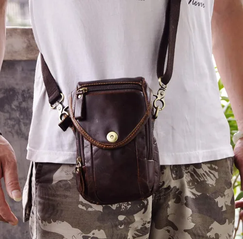Vista 3 de Le'aokuu Bolso de hombro de mensajero pequeño casual de cuero original para hombre, bolso de cinturón de cintura a la moda, paquete de cigarrillos