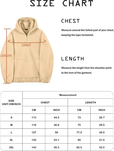 Vista 5 de Mens Sherpa Fuzzy Pullover Hoodie Sweatshirts 14 Zip Up Oversized Top Long Sleeve Fleece Jacket with Pockets