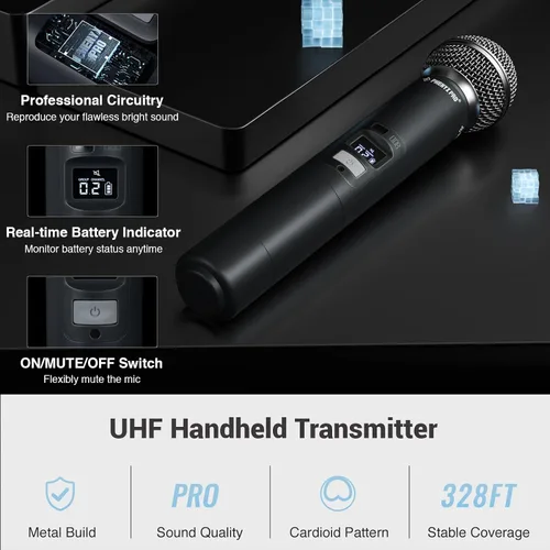 Vista 4 de Phenyx Pro Sistema de micrófono inalámbrico de 4 canales con escaneo automático, frecuencias UHF de 4 x 40, 2 micrófonos dinámicos de mano, 2