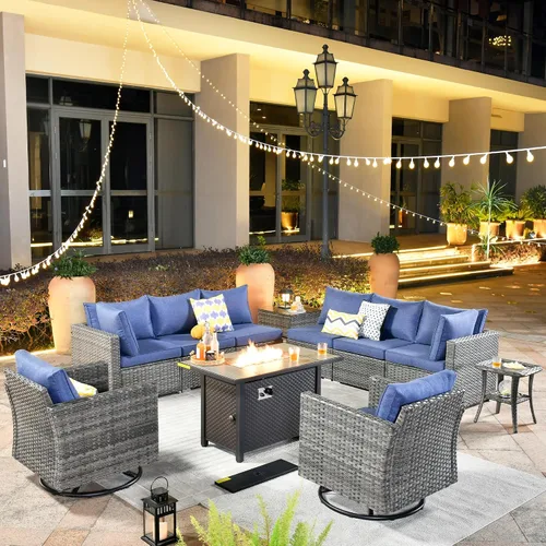 Vista 17 de ovios Juego de muebles de patio al aire libre de 5 piezas con mesa de café, conjunto seccional de muebles de patio con sofá de mimbre para todo tipo