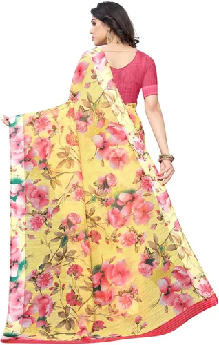 Vista 4 de Mithila Root Vestidos étnicos indios de lino con estampado floral digital para mujer, Sari con blusa