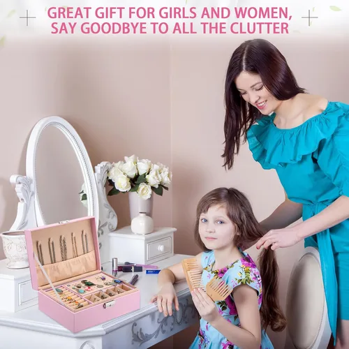 Vista 7 de Equsion Caja organizadora de joyas de 2 capas para mujeres y niñas, bandeja organizadora de joyas, forro de piel sintética, con cerradura, caja