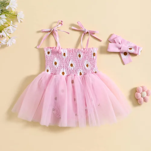 Vista 2 de Ropa de verano para bebé recién nacida, sin mangas, con estampado de margaritas, vestido de princesa con diadema