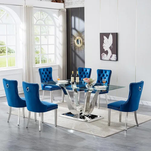 Vista 15 de Juego de mesa de comedor de cristal dorado de 5 piezas, 70 pulgadas, rectangular, moderna, para cocina y comedor, mesa de comedor para 4, mesa