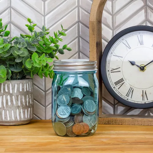 Vista 2 de Cornucopia Brands Tarros pequeños para monedas (paquete de 4, azul); bancos de monedas de plástico de 16 onzas con tapas ranuradas de plata