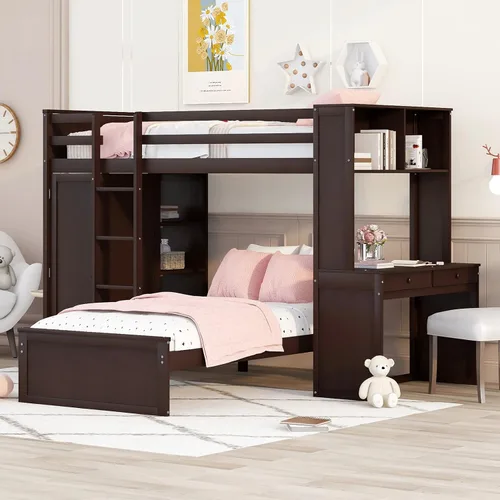 Vista 4 de Cama tipo loft de tamaño individual con armario, marco de cama de madera con plataforma independiente, estantes de almacenamiento y barandilla