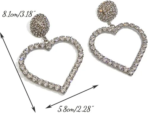 Vista 6 de Pendientes colgantes de cadena larga con diamantes de imitación de corazón de plata para mujer, Metal Plata Diamante de imitación
