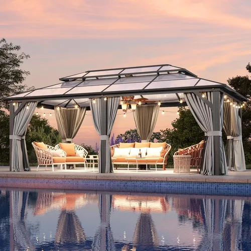 Vista 11 de Aoxun 10'x10' Outdoor Gazebo with Polycarbonate Roof Khaki Single Roof Caqui