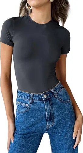 Vista 3 de Ezbelle Body sexy de manga corta para mujer, moldeador, cuello redondo, camisas básicas Y2K, monos de una pieza