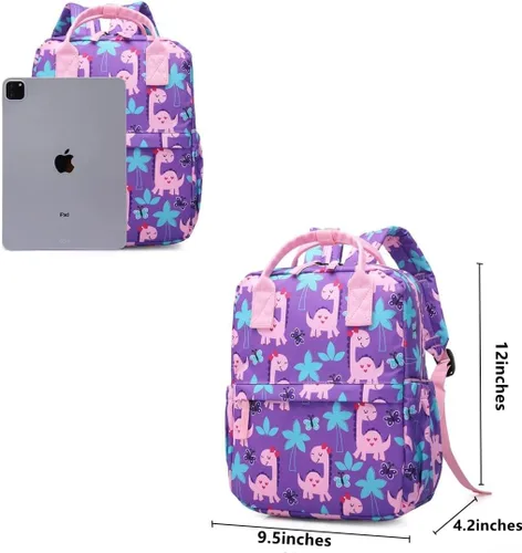 Vista 6 de Linda mochila preescolar para niños pequeños con diseño de unicornio y dinosaurio, bolsa de viaje para niñas y niños, Dinosaurio femenino, 12