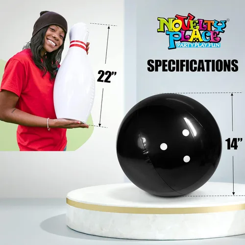 Vista 4 de Novelty Place Juego de bolos gigante inflable para la familia, bola de 14 pulgadas y 6 pines de gran tamaño de 22 pulgadas, juego de patio inflable