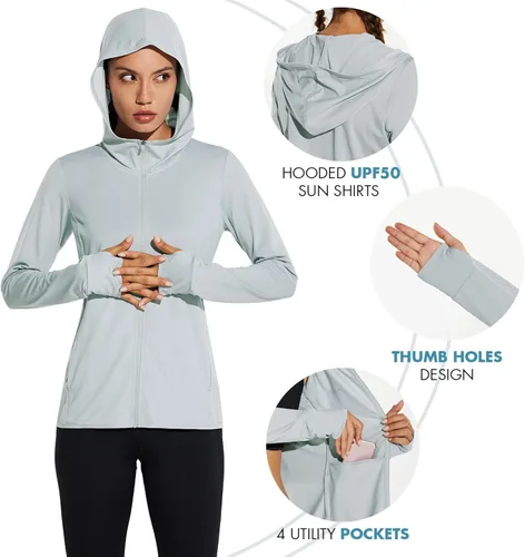 Vista 5 de BALEAF Chaqueta de protección solar UPF 50+ para mujer, con capucha, con bolsillos, para senderismo, rendimiento al aire libre
