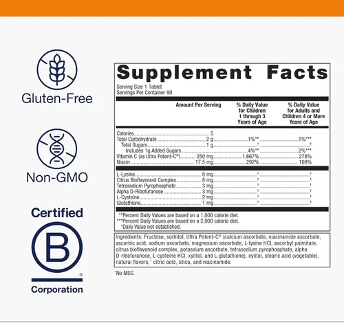 Vista 4 de Metagenics Ultra Potent-C masticable - 250 mg de vitamina C tamponada con bioflavonoides, L-lisina y L-cisteína - Apoyo inmunológico y antioxidante