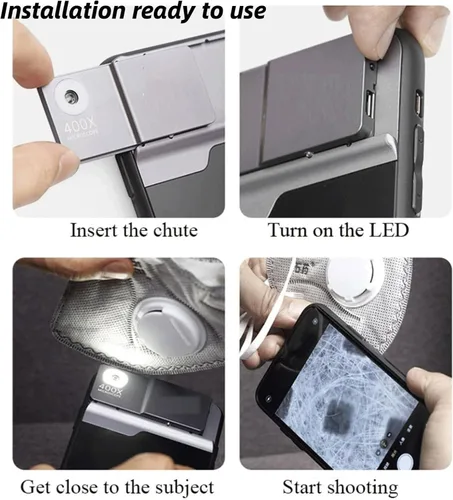 Vista 6 de DAUERHAFT Lente de microscopio 400x para teléfono, mini microscopio de teléfono HD de enfoque rápido con luz LED, instalación tipo canal para 14 Pro