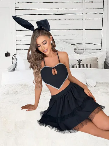 Vista 4 de Sexy Bunny Lingerie for Women Naughty 3pack Anime Cosplay Costume Strappy Bra with Mini Skirt Outfit Set for Rabbit Party