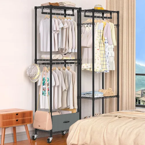 Vista 7 de Folews Perchero Rodante para Ropa, Perchero de Vestimenta de 3 Niveles para Colgar Ropa, Armario de Alambre Metálico con Barras de Cajón