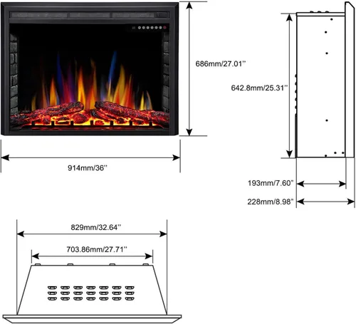 Vista 4 de 36" Electric Fireplace Insert, 5 Flame/12 Log Colors, 5 Speeds, 50-99°F