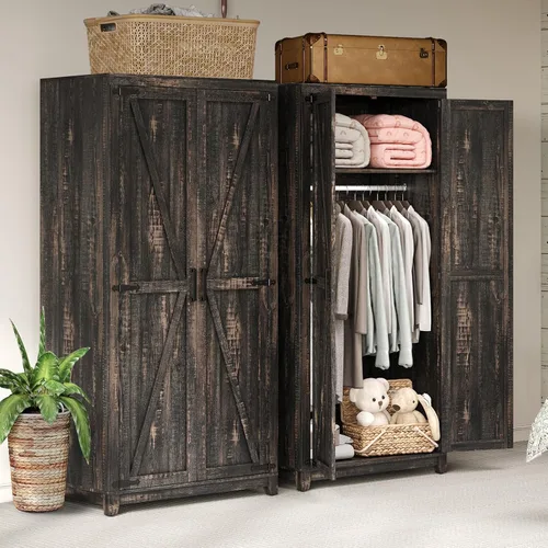 Vista 10 de AMERLIFE Armario de granja, clóset con 2 puertas estilo granero, gabinete de almacenamiento de 71" con barra para colgar y estante, almacenamiento