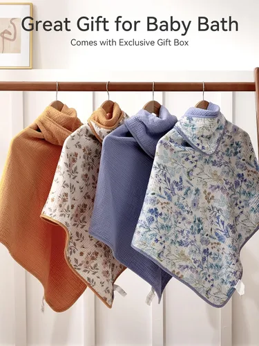 Vista 7 de TILLYOU Paquete de 2 toallas de muselina con capucha para recién nacido, 32 x 32 pulgadas, toallas de baño suaves para bebé altamente absorbentes