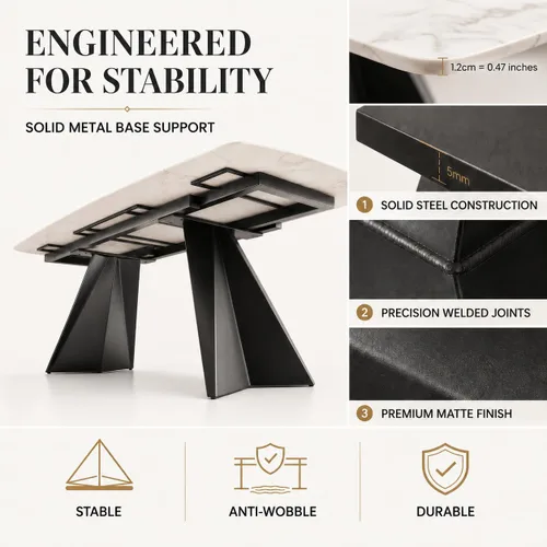 Vista 7 de Honyee Mesa de comedor de piedra sinterizada, mesa de comedor extensible con hojas, parte superior rectangular de aspecto de mármol, asientos 6-12
