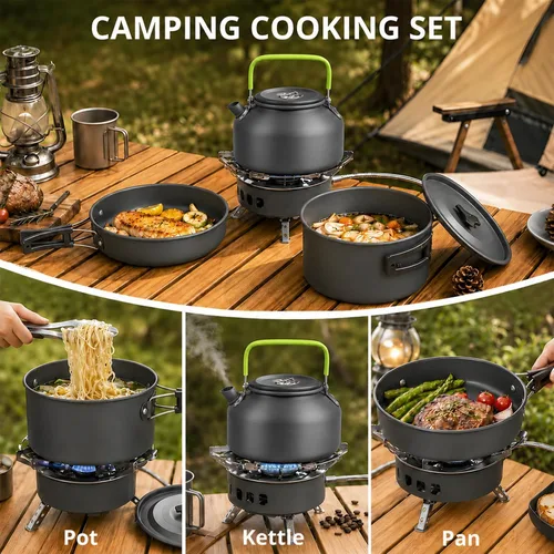 Vista 5 de aiGear Camping Cookware with Pot Pan Kettle Cutlery Tableware (1-2 People) Lightweight aluminum alloy, folding handles, nesting design, portable