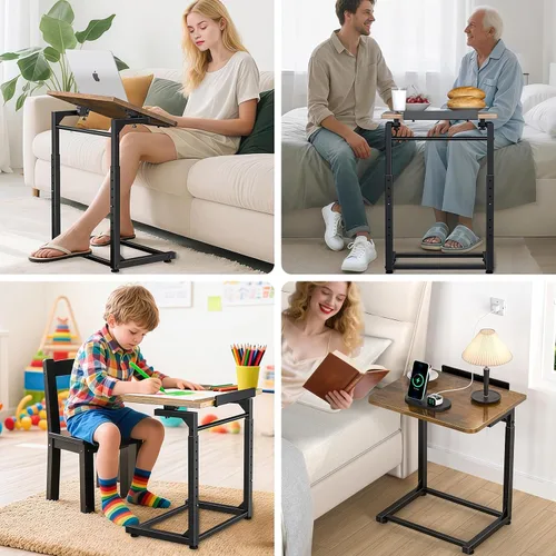 Vista 7 de Mesa para Bandeja de TV, Mesa Lateral para Sofá Ajustable en 8 Alturas, Mesa de Extremo en Forma de C con Ajuste de Ángulo de Inclinación de 90°